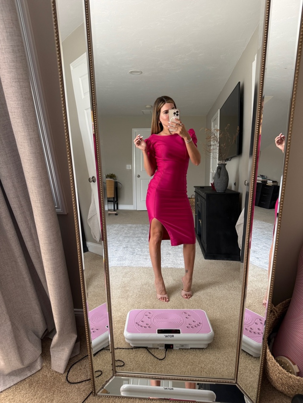 High end brand from Brazil Fitted Hot Pink Midi Dress with Side Slit